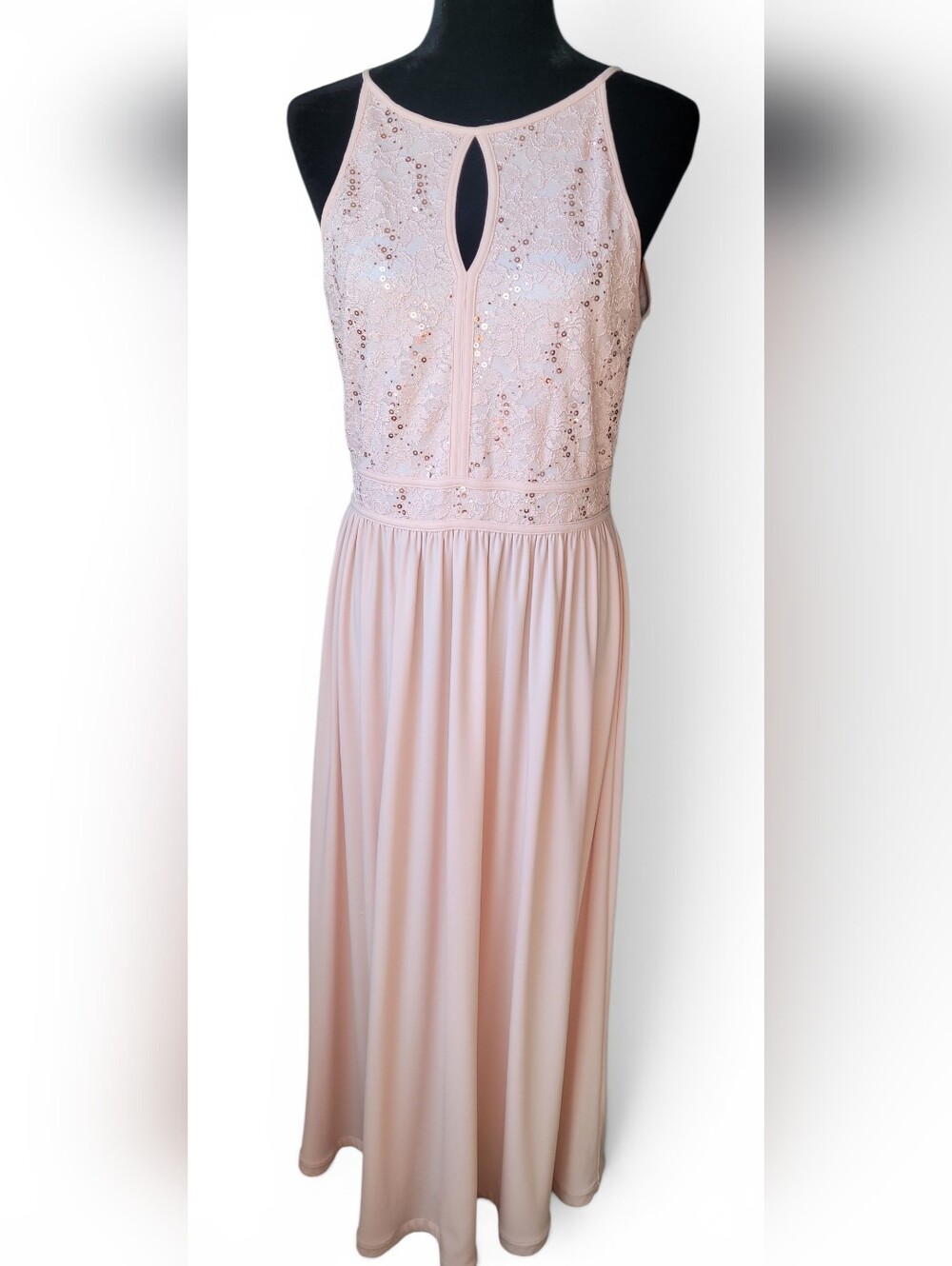 Morgan & Co Blush Pink Sequin Lace Maxi Formal Dress Size 14 Halter Bridesmaid